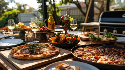 Obraz premium In the comfortable atmosphere of the American backyard, the backyard dinner party, the table has rich food, pizza, steak, Image for cafe menu, Banner
