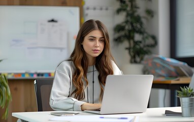 online school, teacher and student studying in front of a laptop, blurred background