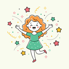 Happy girl with colorful stars and dots drawing line art illustration