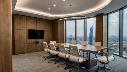 Fototapeta premium Modern meeting rooms with city views, neutral colors and professional decor, look spacious and spacious