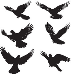 Set of dove flying black silhouette  