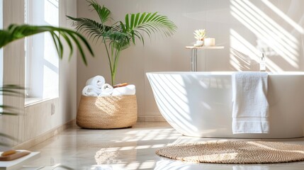 Modern bathroom with white tub and green plant