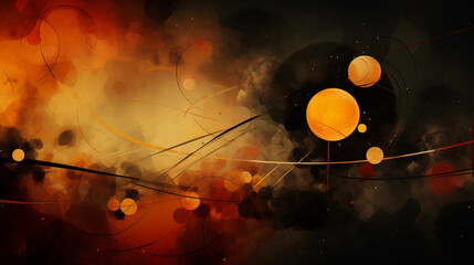 abstract artwork with shapes of lines, circles, triangles, and curves in colors of orange, red, black, and gold against dim indistinct background creates effects of mysterious dynamic movement