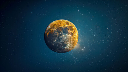 Fototapeta premium A golden blue planet close up against the background of a starry galaxy