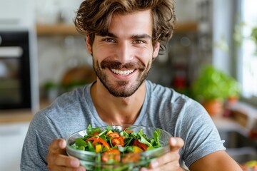 Closeup of a handsome fit male holding a bowl of fresh salad