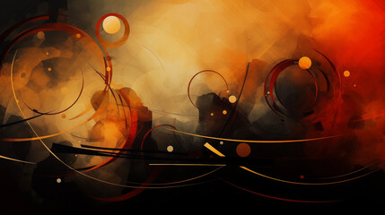 abstract artwork with shapes of lines, circles, triangles, and curves in colors of orange, red, black, and gold against dim indistinct background creates effects of mysterious dynamic movement