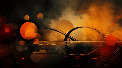 abstract artwork with shapes of lines, circles, triangles, and curves in colors of orange, red, black, and gold against dim indistinct background creates effects of mysterious dynamic movement