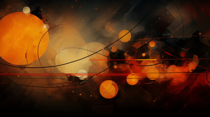 abstract artwork with shapes of lines, circles, triangles, and curves in colors of orange, red, black, and gold against dim indistinct background creates effects of mysterious dynamic movement