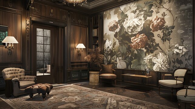 A luxurious living room with dark wood paneling, a floral mural, and a variety of seating options.