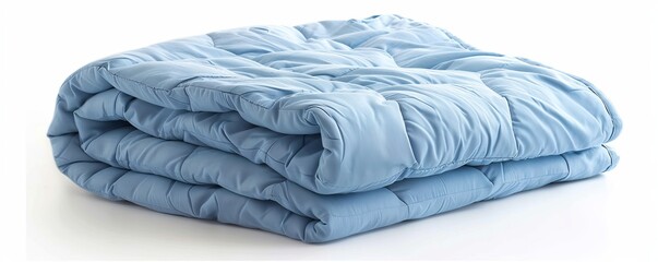 Folded light blue comforter on white background, cozy bedding concept