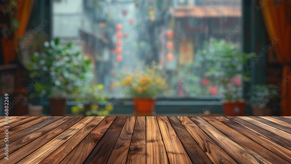 Poster empty wood table top with blur background of window with home garden view. the table giving copy spa