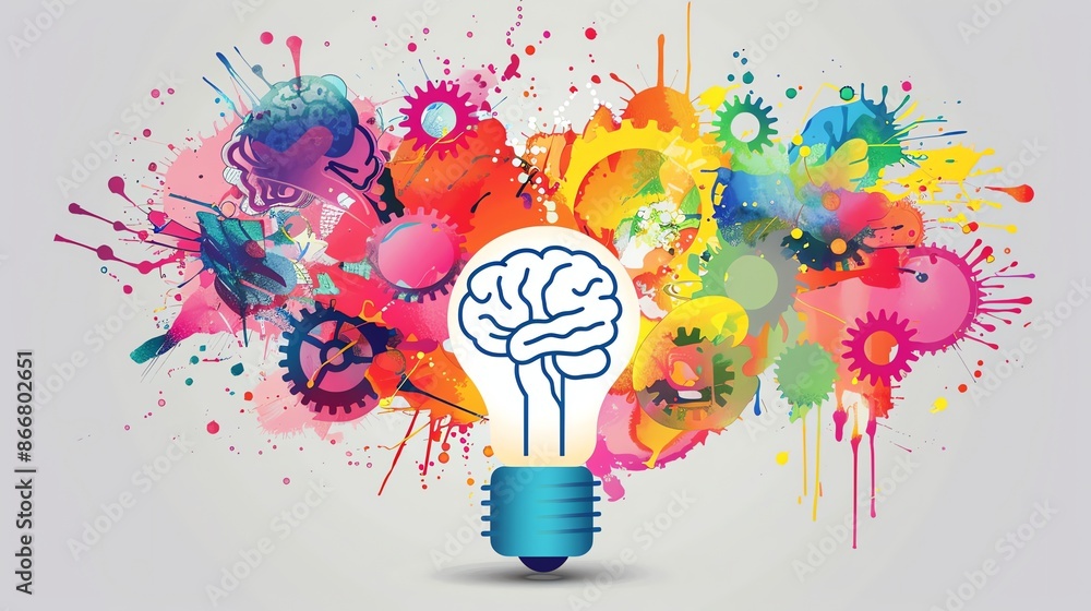 Poster a light bulb with a brain inside it is surrounded by colorful splashes of paint. the image represent