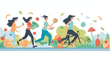 Three young women are exercising and eating healthy foods.