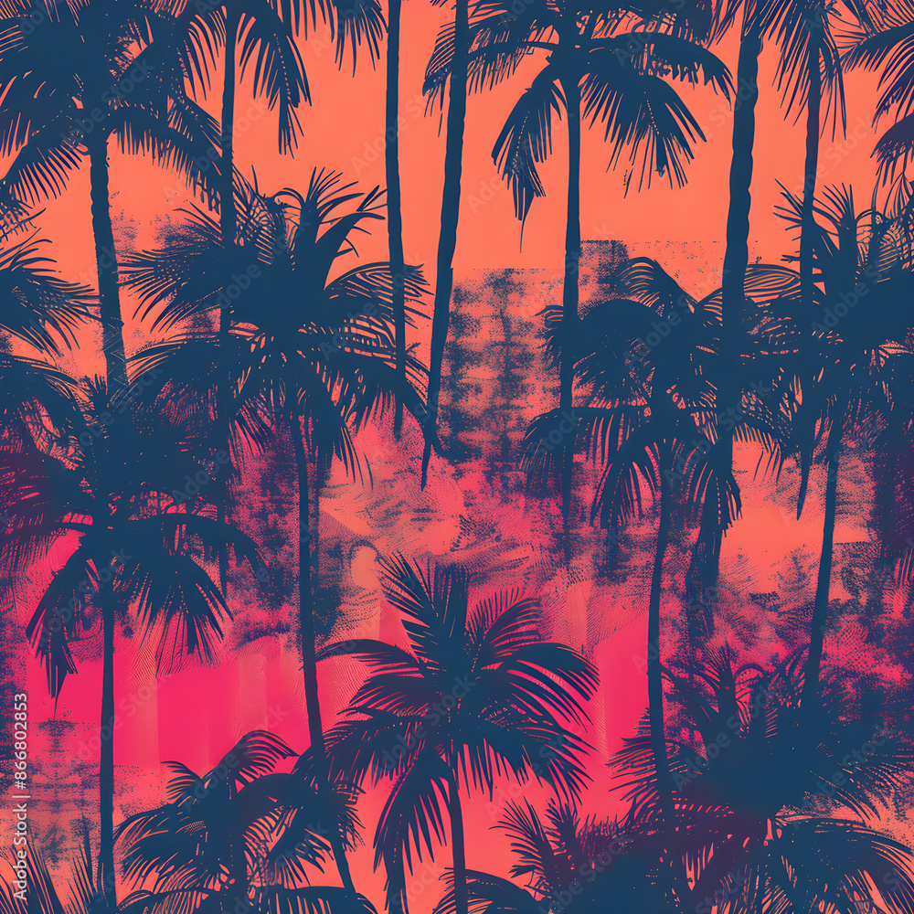 Poster Tropical and vibrant seamless pattern featuring palm tree silhouettes on a gradient background