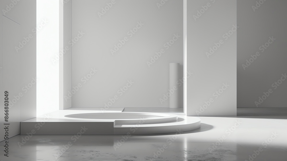 Poster 3d rendering of a simple and clean room with a spotlight on a round stage in the center. the room is