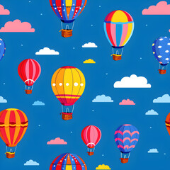 Naklejka premium Colorful hot air balloons in a seamless pattern flying in a blue sky with white clouds