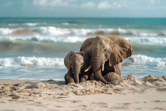 Mother and baby elephant on a tropical beach.