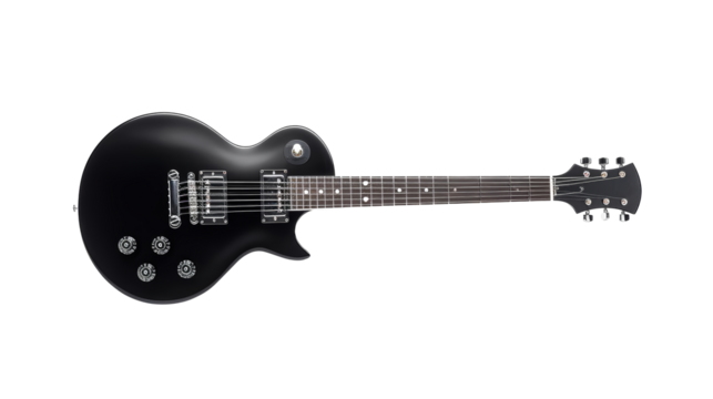 Black electric guitar isolated on transparent background, PNG with transparent background - Powered by Adobe