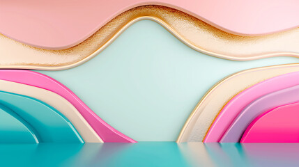 wavy abstract geometric 3d background with pastel colors including pink, mint green, and turquoise. The waves are bordered with a golden texture, creating a luxurious and soft aesthetic
