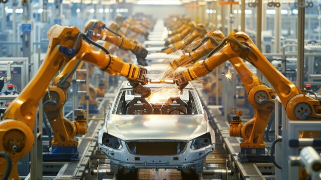 Assembly line in a modern car manufacturing plant with robotic arms working on various stages of vehicle production, illustrating the automation in the automotive industry 