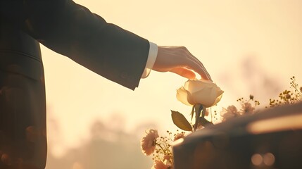 Man in black suit holding white rose while standing by coffin with dead body at funeral. Death ceremony and memorial service in cemetery. Loss, grief, remembrance and sorrow concept