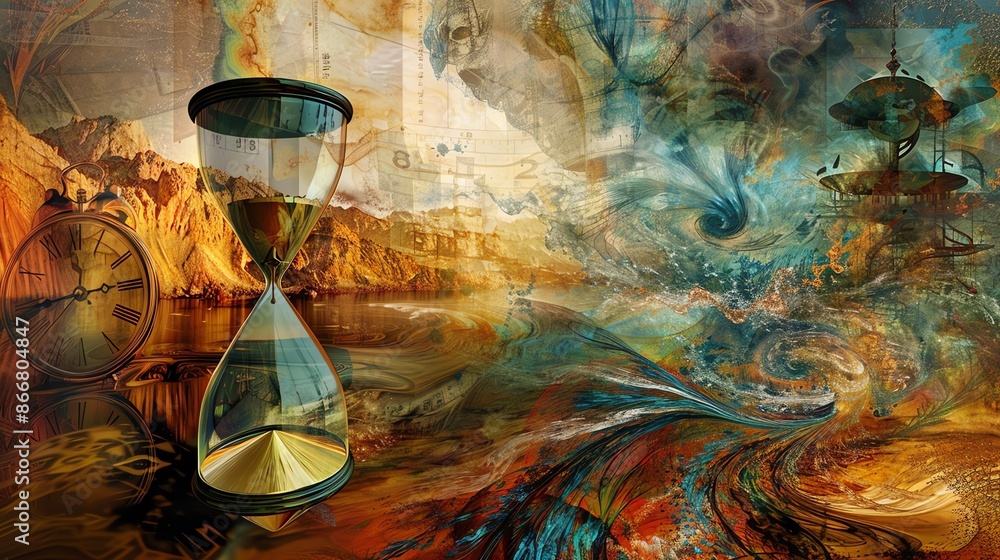 Aufkleber this is an image of an hourglass timer sitting on a reflective surface. the timer is made of glass a