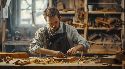 Craftsman in a woodworking shop meticulously carving a piece of furniture, demonstrating the skill and craftsmanship involved in the furniture industry