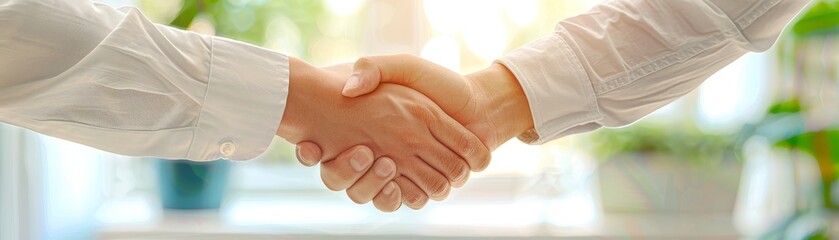 Close-up of a handshake between two people, symbolizing partnership, agreement, and business collaboration.