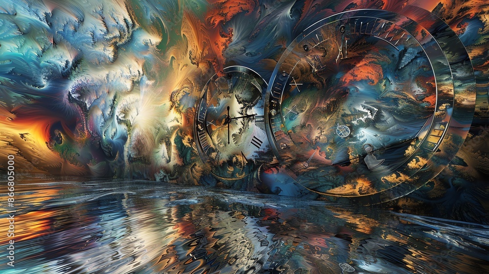 Poster this is a beautiful image of a surreal landscape with a clock. the clock is melting and the landscap