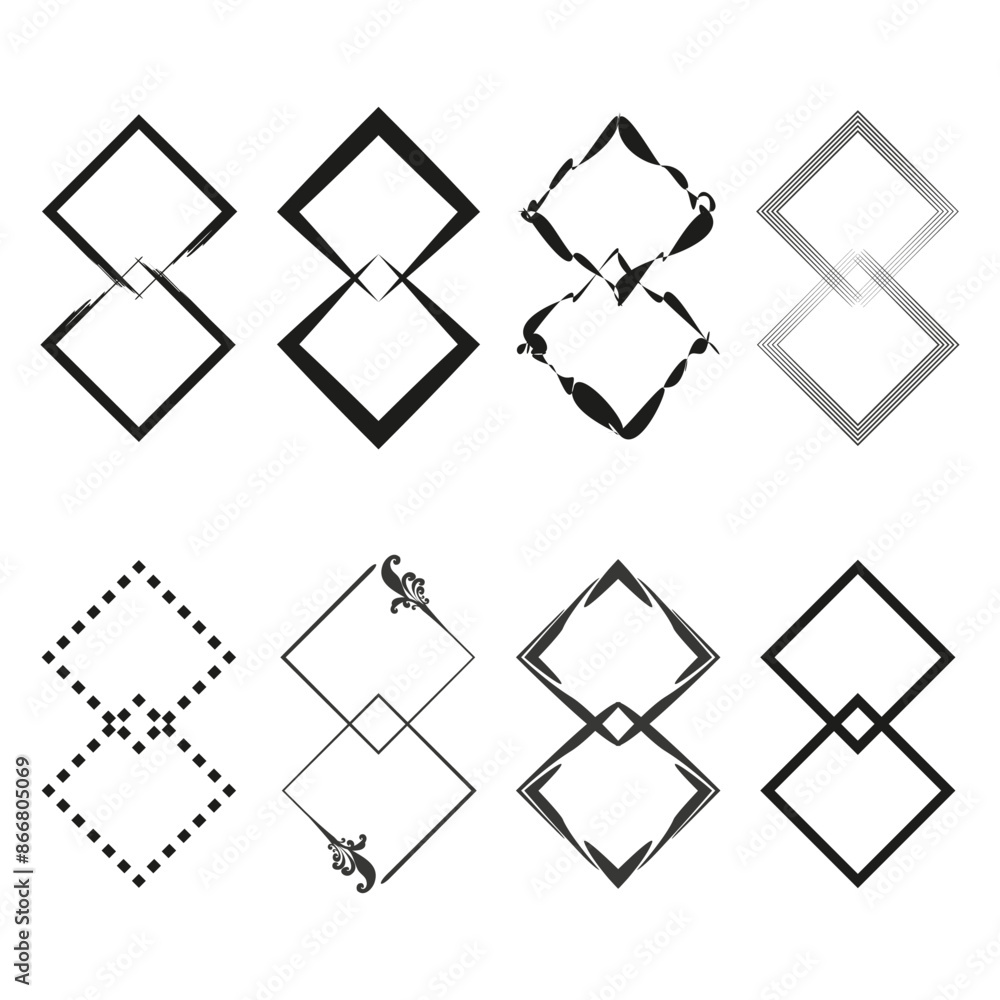 Poster interlinked diamond shapes. decorative frame set. black and white vector. geometric design elements.