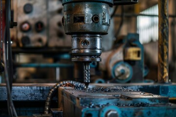 Large industrial drill press operating on a metal component, with detailed drilling and cutting tools, showcasing the strength and precision in machinery 