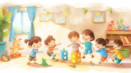 Colorful watercolor illustration of children playing happily in a room with toys scattered around