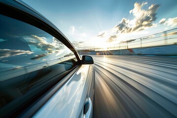 Obraz premium Panoramic view of a test track with a car performing high-speed maneuvers, emphasizing the importance of performance testing in the automotive industry 