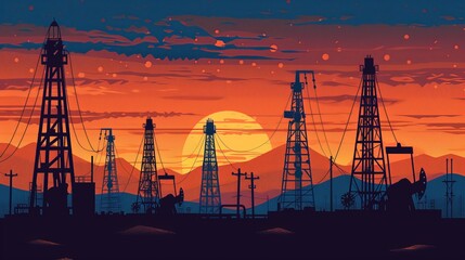 Silhouette of oil derricks at twilight in a desert oil field, showcasing the extraction phase of oil production 