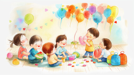 Colorful watercolor illustration of children playing happily in a room with toys scattered around