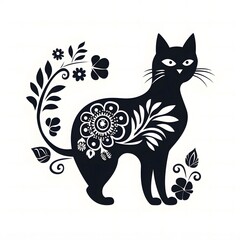 Floral Decorative Cat Illustrations in Folk Art Style
