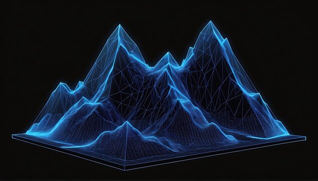 3D mountain hologram. abstract blue wireframe mountain on black background.