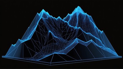 3D mountain hologram. abstract blue wireframe mountain on black background.