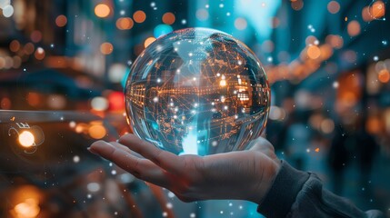 A hand holding a crystal ball with a glowing city inside. The background is a blurred city street with bokeh lights.