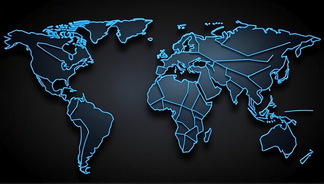 world map hologram. abstract blue wireframe world map on black background.