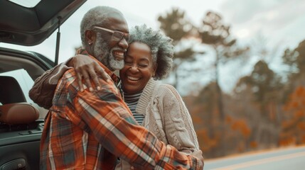 A happy senior biracial couple embraces by a car on a road trip with a backdrop of colorful autumn trees