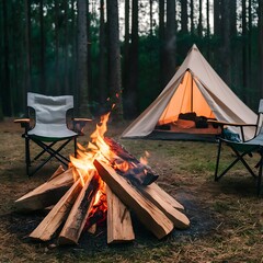camping in the forest, fire in the fireplace, camping in the woods, camp fire in the forest
