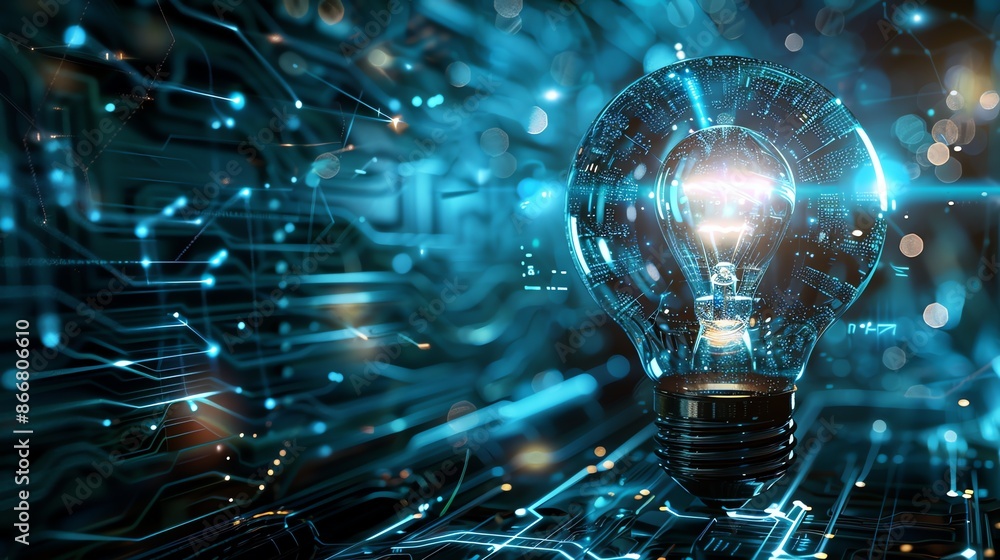 Aufkleber 3d rendering of a glowing light bulb on a circuit board. the light bulb is made of glass and has a g