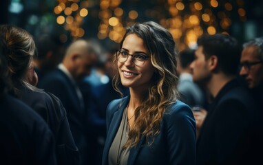 Fototapeta premium A young woman in a blue blazer smiles at someone off-camera at a bustling business event