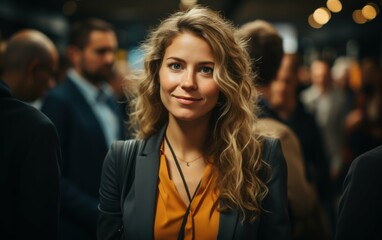Obraz premium A woman in a blazer and orange blouse smiles at the camera while standing at a crowded event