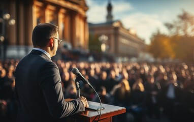 A politician speaks to a crowd gathered for an outdoor event. The event is held on a sunny day, with the politician standing behind a podium