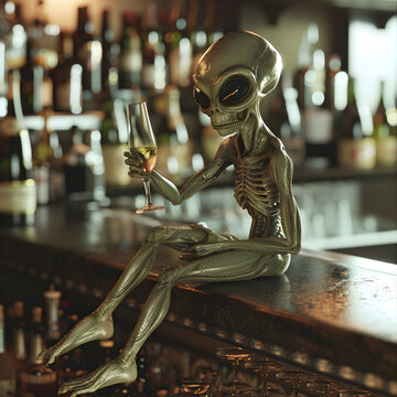 an alien drinks champagne at a bar