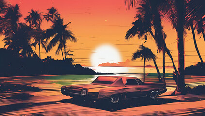 Car with Surfboard on Beautiful Tropical Beach with Palm Trees and Sunset in Miami beach, Generative AI


