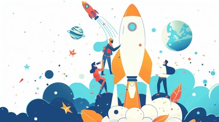 A group of diverse astronauts are working together to launch a rocket into space.