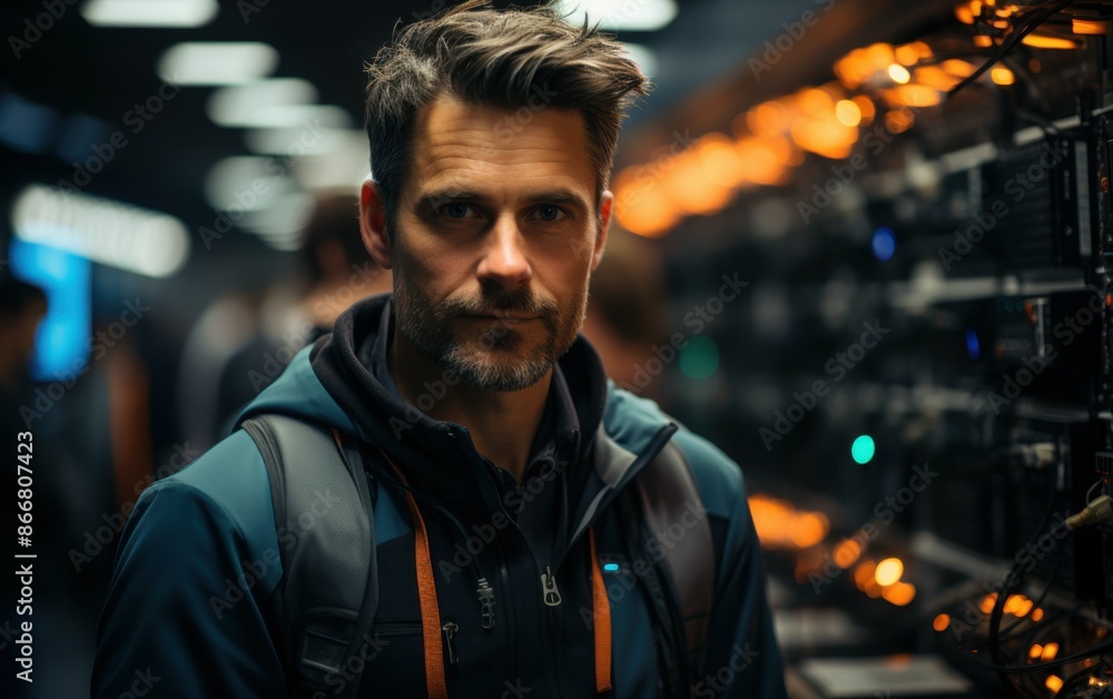 Poster a server administrator in a data center, in a blue jacket, focused on camera. glowing lights on serv
